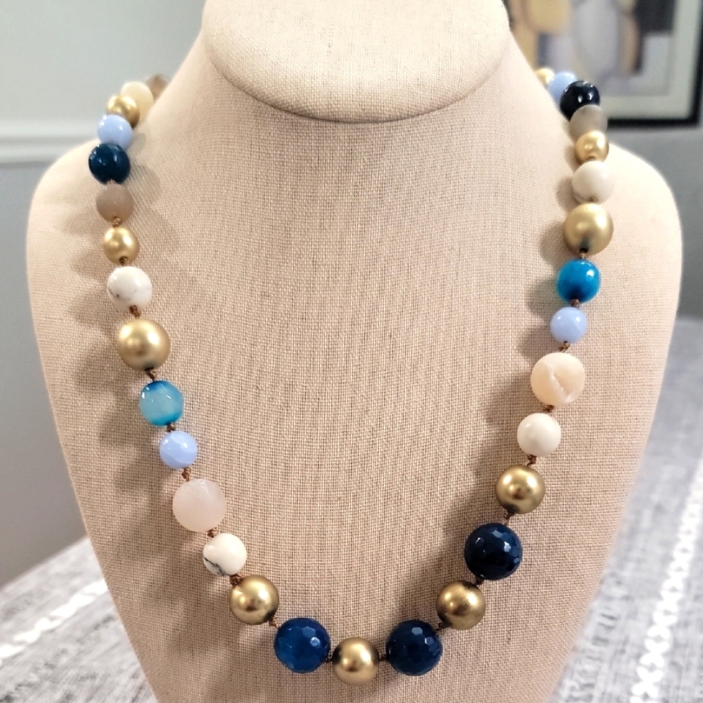 Talbots Elegant Gold Tone, Beige and Blue Beaded Necklace